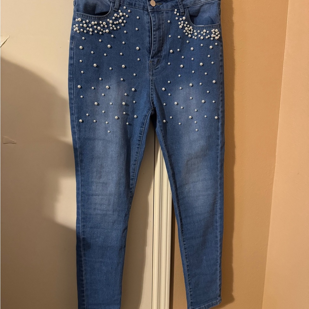 Blue Skinny Jeans with Stretch and Distressed Finish